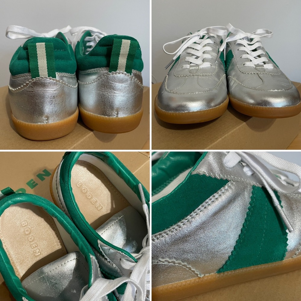 NWT Boden Retro Erin Tennis Trainer Sneakers Silver Green Leather Suede EU 39 - Picture 8 of 17
